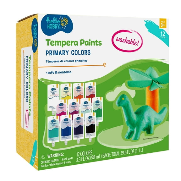 Hello Hobby Washable Tempera Paint Set, Safe & Nontoxic, 12X98mL pouches, 12 Different Colors