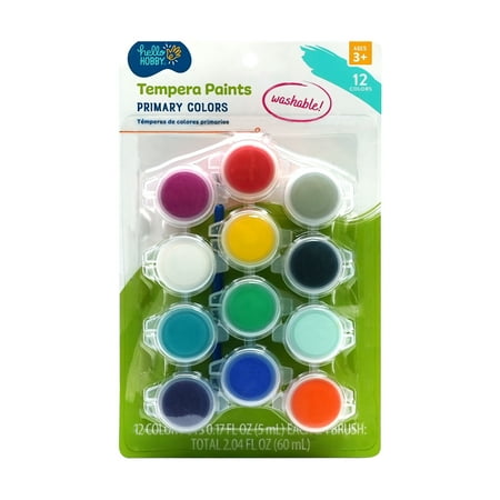 Hello Hobby Washable Primary Colors Tempera Paints & Mini Paintbrush, 12 Colors