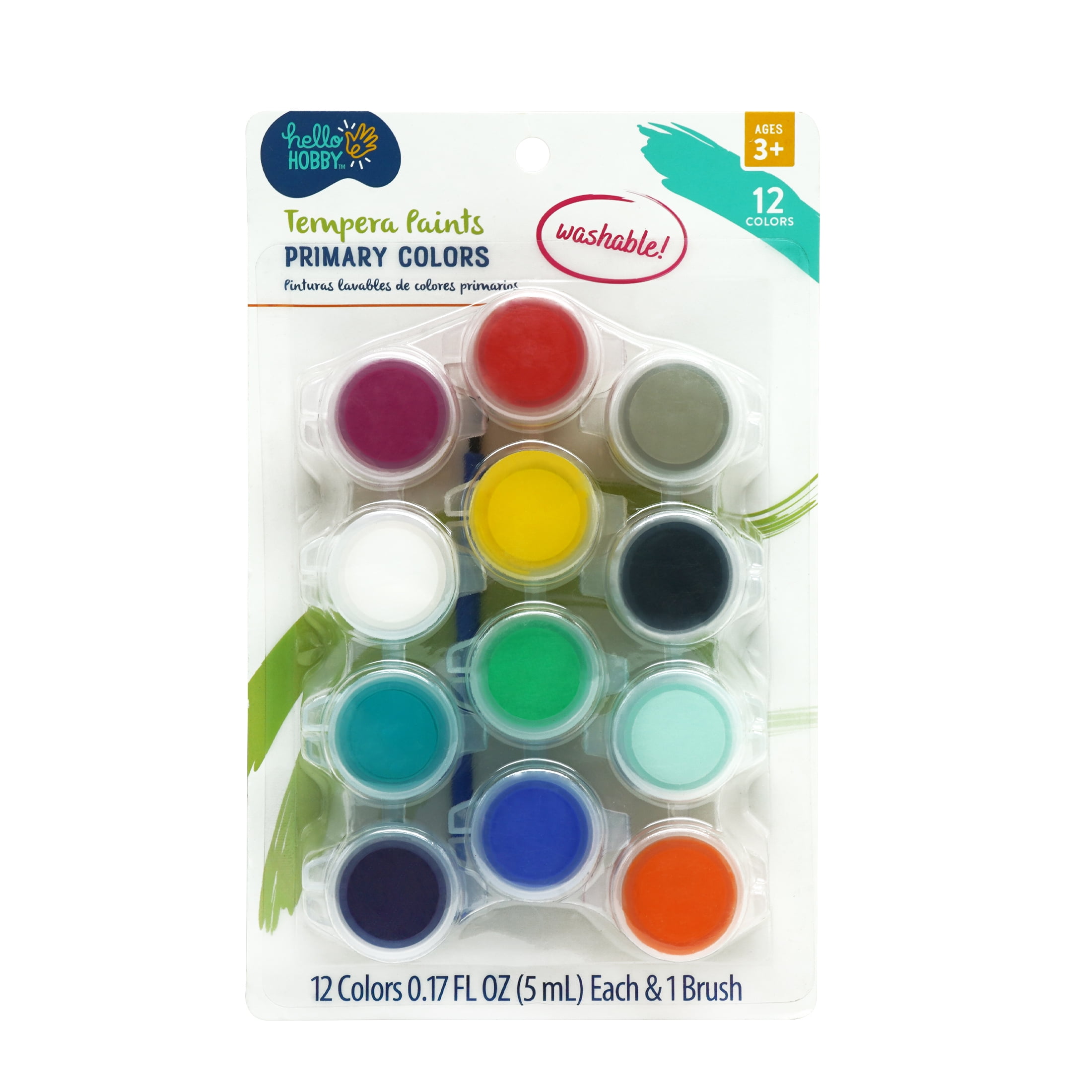 Hello Hobby Washable Tempera Paint Strips & Paintbrush, Includes 12 Paints  In Resealable Containers & Mini Paintbrush, Primary colors