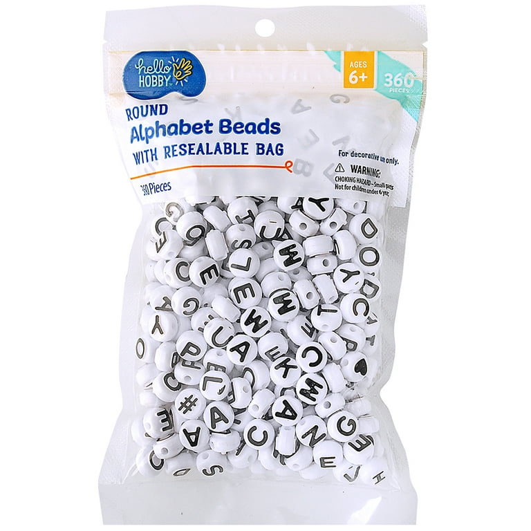 Hello Hobby White Alphabet Plastic Beads with Black Letters 360 Pieces Unisex 10MM Round