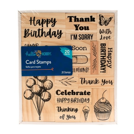 Hello Hobby Wood Rubber Stamp Set - Sentiments, 20 Stamps Included