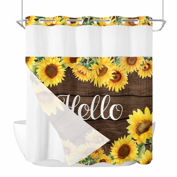 Hello No Hooks Shower Curtain with Snap-in Liner Summer Watercolor Sunflower Farmhouse Retro Brown Wood Grain Shower Curtains for Bathroom, Waterproof, Easy Install, Washable 72"x72"