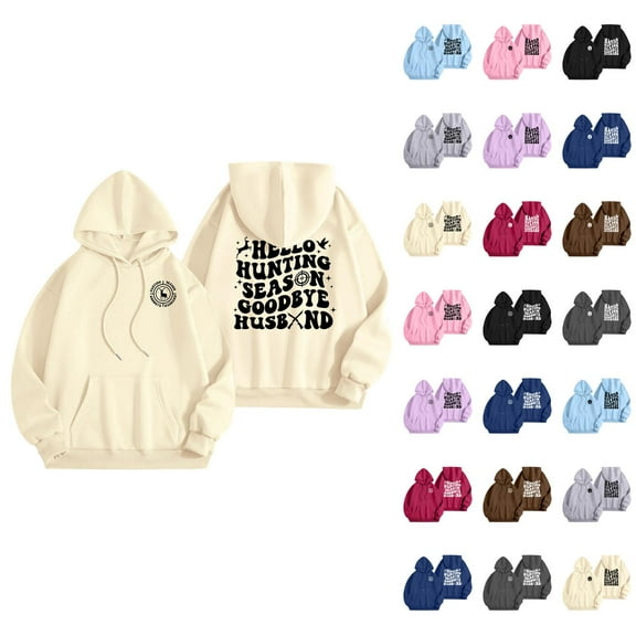 Hello Hunting Season Goodbye Husband Hoodies for Women Long Sleeve Graphic Hooded Sweatshirt with Pockets Pullover Tops