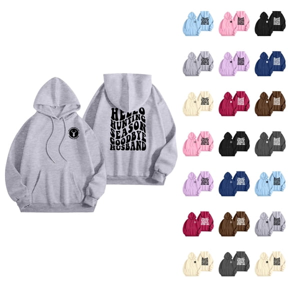 Hello Hunting Season Goodbye Husband Hoodies for Women Long Sleeve Graphic Hooded Sweatshirt with Pockets Pullover Tops
