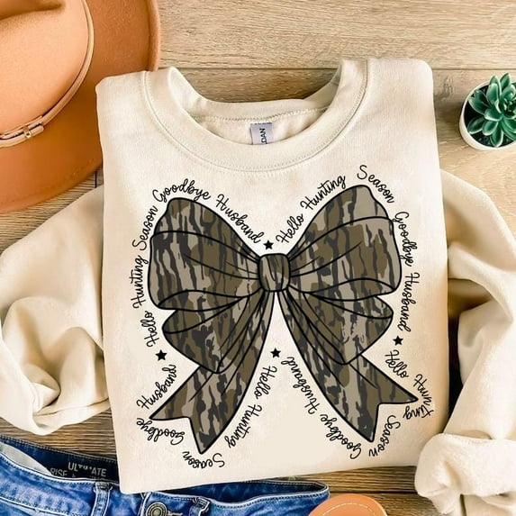 Hello Hunting Season Goodbye Husband Sweater, Camo Coquette Bow Funny Girls Hunting Sweatshirt