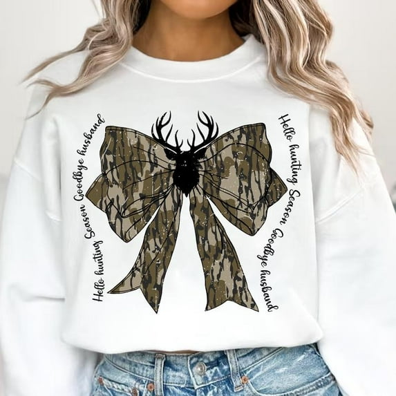 Hello Hunting Season Goodbye Husband Sweatshirt, Funny Camo Shirt with Coquette Bow, Girls Hunting SWEAT Sweatshirt, Rustic Fall Outdoors Top