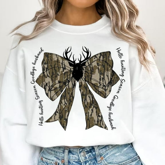 Hello Hunting Season Goodbye Husband Sweatshirt, Funny Camo Shirt with Coquette Bow, Girls Hunting SWEAT Sweatshirt, Rustic Fall Outdoors Top