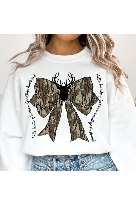 Hello Hunting Season Goodbye Husband Sweatshirt, Funny Camo Shirt with Coquette Bow, Girls Hunting SWEAT Sweatshirt, Rustic Fall Outdoors Top