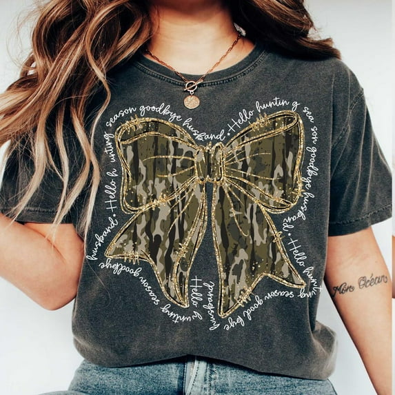 Hello Hunting Season Goodbye Husband T-Shirt, Funny Camo Coquette Bow Tee, Fall Camouflage Shirt, Hunting Season Women’s Shirt