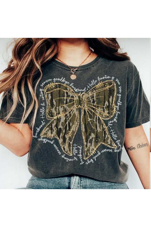 Hello Hunting Season Goodbye Husband T-Shirt, Funny Camo Coquette Bow Tee, Fall Camouflage Shirt, Hunting Season Women’s Shirt