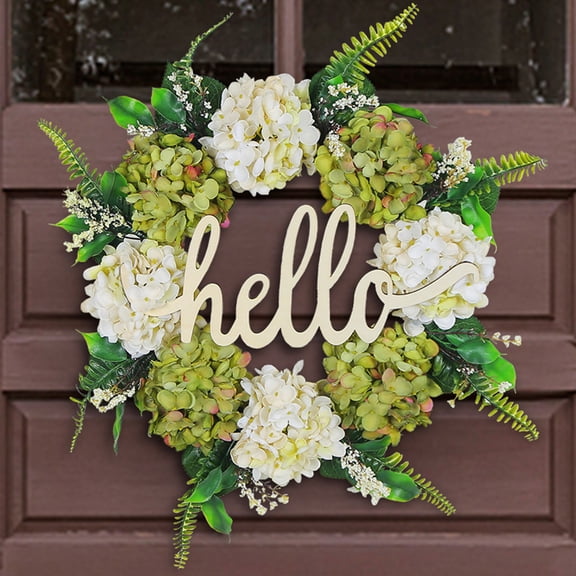 Hello Hydrangea Wreath – 16in Handmade for Front Door, Farmhouse Indoor Outdoor Spring Fall