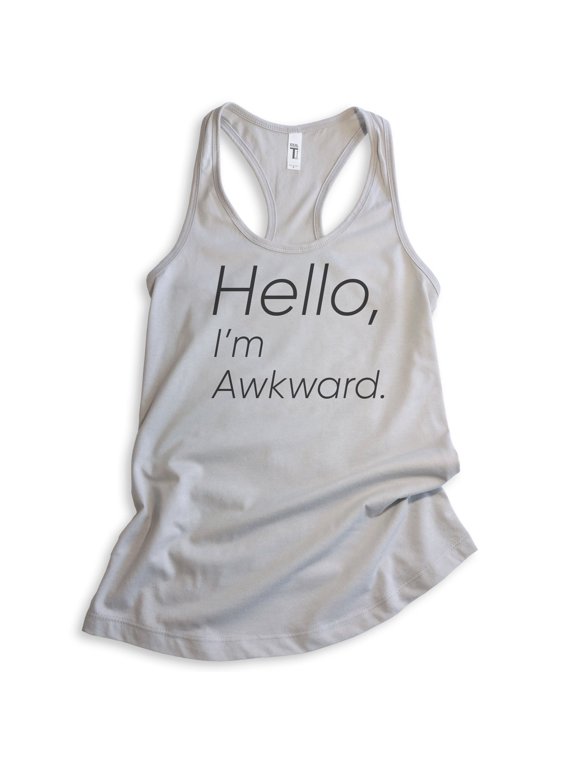 Hello I'm Awkward Tank Top, Ladies Racerback Tank Top, Awkward Girl Tank, Introvert Tank, Silver Gray, Large