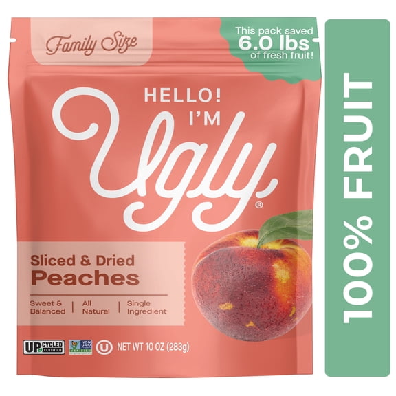 Hello! Im Ugly Sliced & Dried Peaches, No Sugar Added Snacks, Unsweetened Dried Fruit, 10 oz