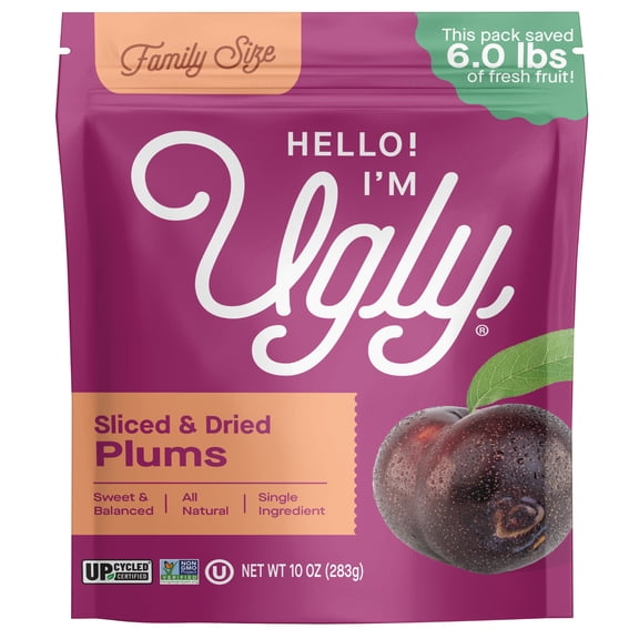 Hello! I'm Ugly Dried & Sliced Plums, No Sugar Added Snacks, Unsweetened Dried Fruit, 10 oz