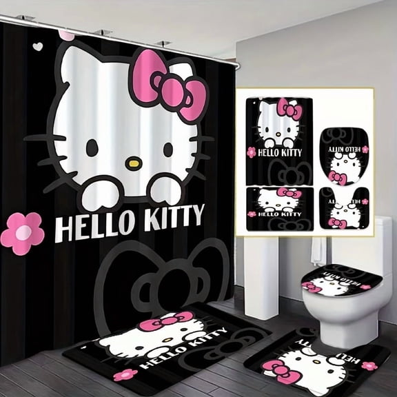Hello K itty 4-Piece Bathroom Set (Includes Shower Curtain, Toilet Seat Cover, and Bath Mat) Non-slip, Waterproof Material; An Ideal Bathroom Decor Set. Dimensions: 72 inches x 72 inches.