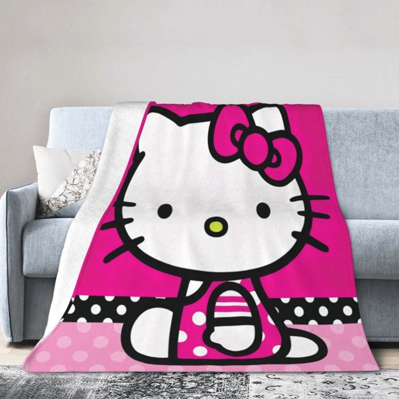 Hello K-itty Hot Pink Polka Dot Fleece Throw Blanket, Cute Sitting Kitty with Pink Bow Cartoon Print Flannel Blanket, Bright Magenta Background Kawaii Decor Blanket Sofa Bed Gift for Youth Fans