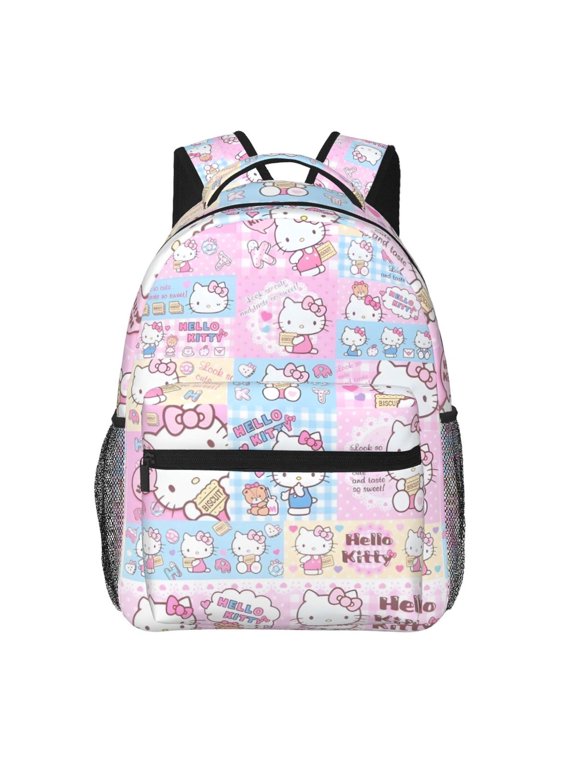 Hello K-itty Pink Blue Checkered Backpack Cute Cartoon Kitty Patchwork School Bag Pastel Check Print Laptop Backpack with Mesh Pockets Casual Daypack for Youth Men Women Fans