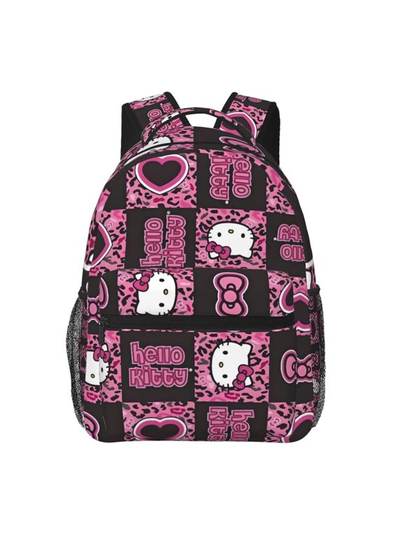 Hello K-itty Rose red checkered Leopard Plaid Backpack Cute Patchwork Cartoon Kitty Daypack Printed Laptop Backpack with Mesh Side Pockets Casual Bag for Youth Men Women Fans