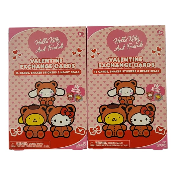 Hello KItty and Friends Valentine Exchange Cards With Shaker Stickers 16 Count - Pack of 2