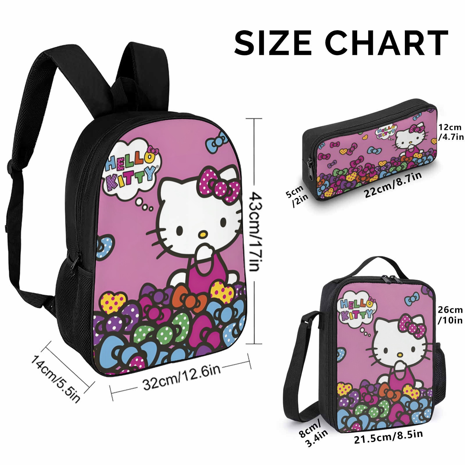 Hello KT Cats Mochila Escolar Printed Zipper Backpack Set – 17 Inch Pencil Case and Lunch Bag for Youth and Teens