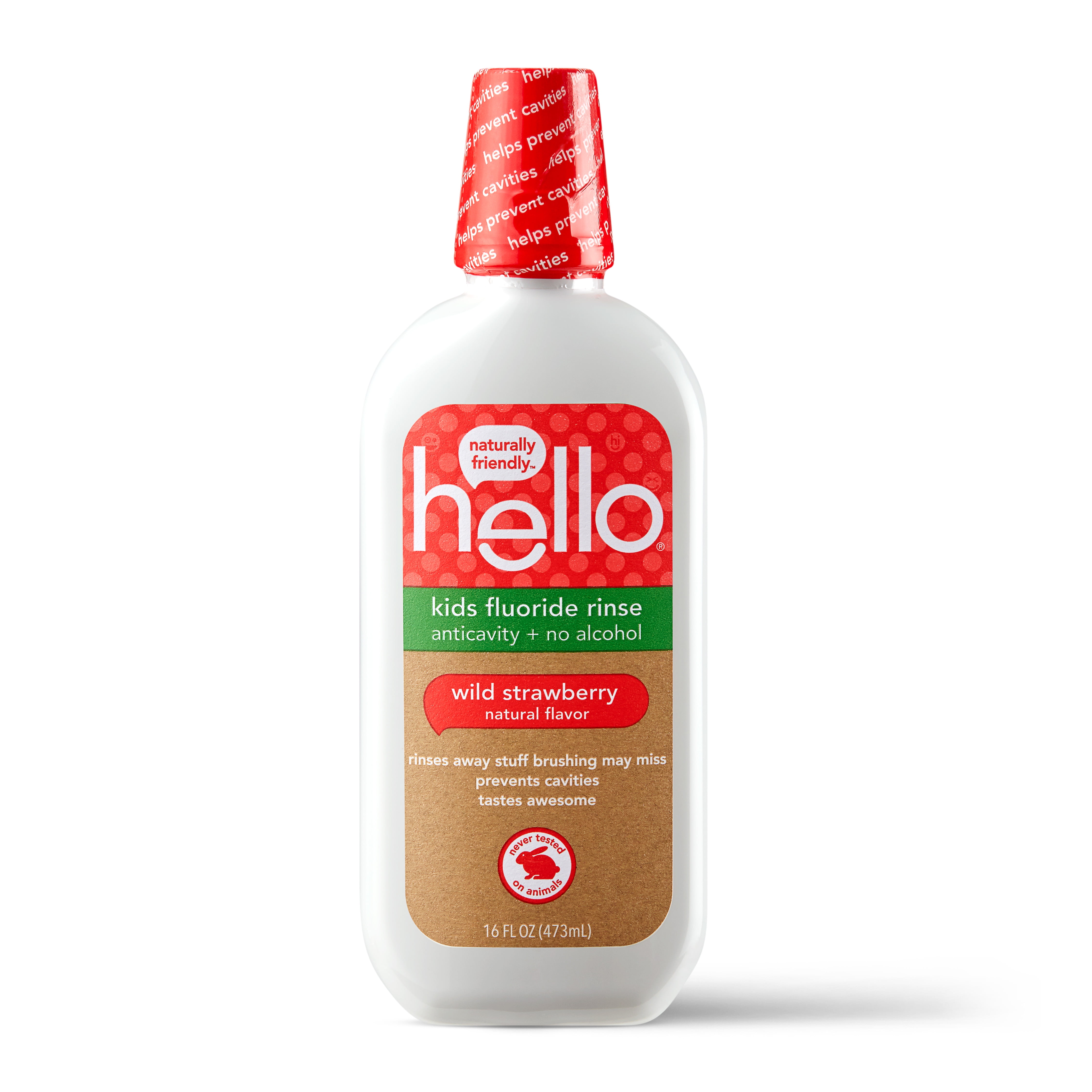 Hello Kids ADA Approved Anticavity Wild Strawberry Natural Flavor Fluoride Mouthwash, Alcohol Free, Vegan & SLS Free Rinse