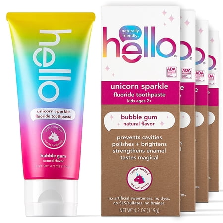 Hello Kids Unicorn Sparkle Fluoride Toothpaste with Natural Bubble Gum Flavor, Vegan, SLS & Gluten Free, 4.2 oz, 4 Count