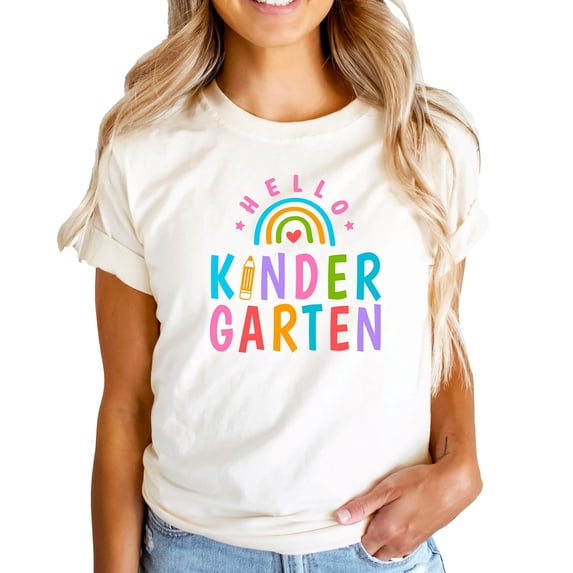 Hello Kindergarten Shirt for Girls Rainbow Back to School First Day Graphic Tee Kids Natural Shirt Large