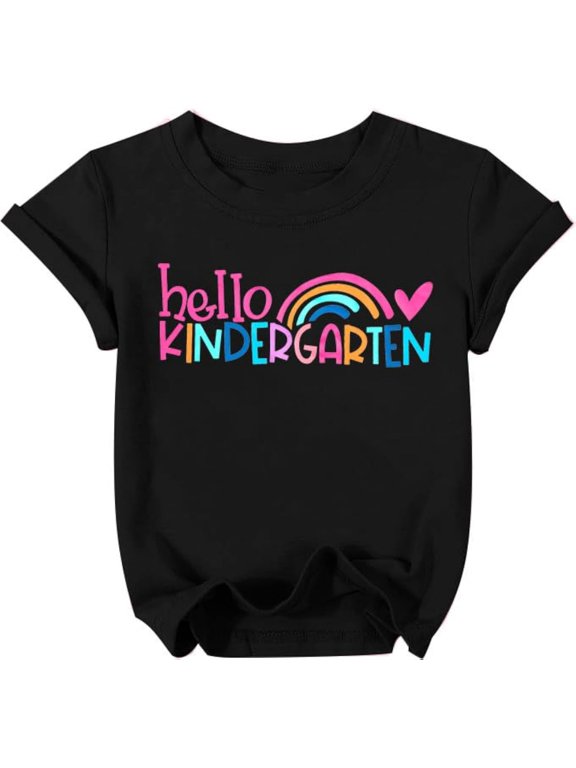 Hello Kindergarten Shirts for Kids girl First Day of School T Shirt Cute Back to School Short Sleeve Tee Tops, T-Shirt for Kids Youth, 180gsm, 100% Cotton