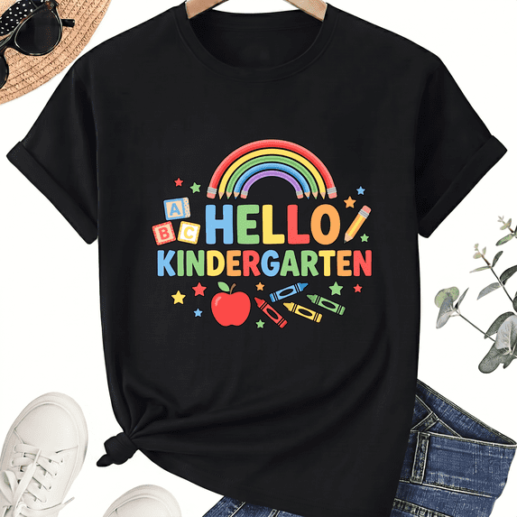 Hello Kindergarten Teacher Graphic T-Shirt, 100% Cotton Unisex Crew Neck Short Sleeve