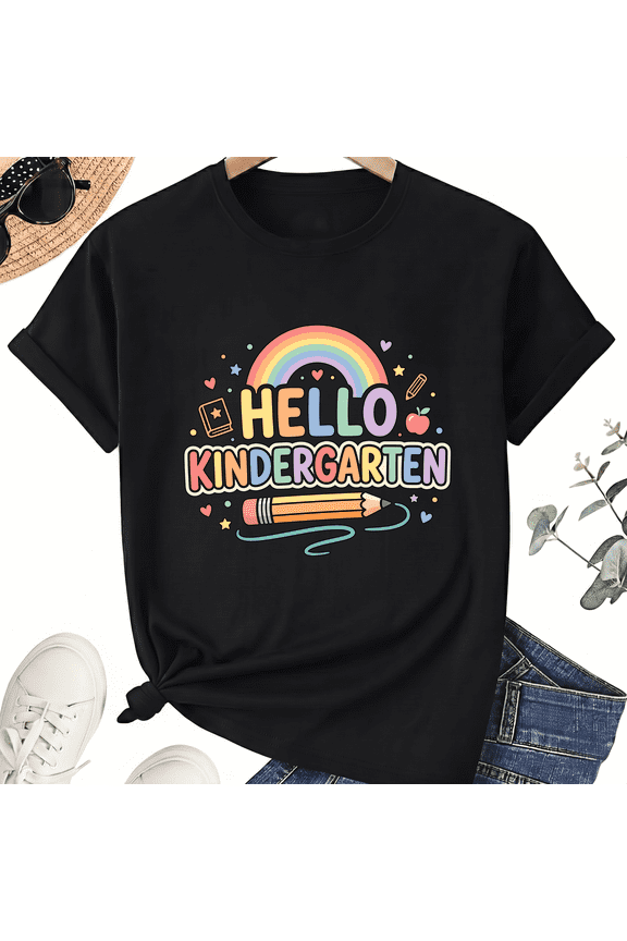 Hello Kindergarten Teacher T-Shirt for Women, 100% Cotton Crew Neck Short Sleeve Shirt, Rainbow Pencil School Graphic