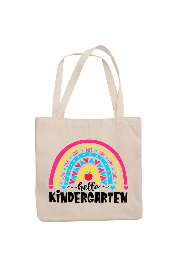 Hello Kindergarten with Rainbow & Apple, Back to School, 12oz Canvas Tote Bag