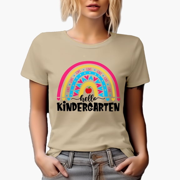 Hello Kindergarten with Rainbow & Apple, Back to School, Tan T-Shirt, XL