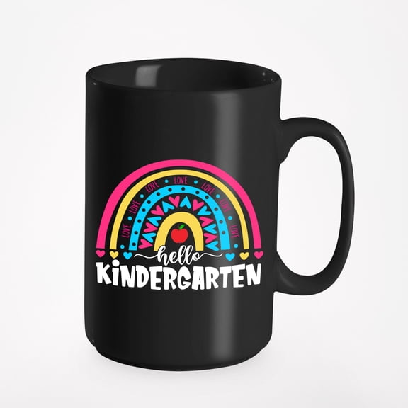 Hello Kindergarten with Rainbow, Back-To-School, Black 15oz Ceramic Mug