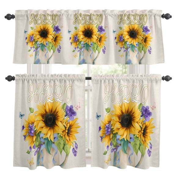 Hello Kitchen Curtains and Valances Set, Summer Watercolor Sunflower Farmhouse Butterfly Romantic Rod Pocket Window Valance Window Curtain Panels for Living Room Bedroom Laundry, 27.5x36in, 3 Pieces