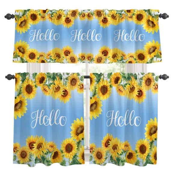 Hello Kitchen Curtains and Valances Set, Summer Watercolor Sunflower Farmhouse Gradient Blue 3 Piece Curtains Valances and Tiers Set Rod Pocket for Kitchen Bathroom Windows 36 Inch