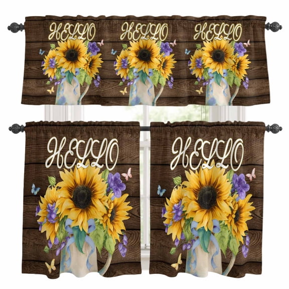 Hello Kitchen Curtains Valances and Tiers 3pcs Summer Watercolor Sunflower Farmhouse Butterfly Brown Wood Grain Tier Curtains and Valance Rod Pocket Valance Curtains Set for Kitchen 27.5"x24"
