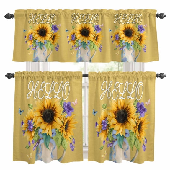 Hello Kitchen Curtains Valances and Tiers 3pcs Summer Watercolor Sunflower Farmhouse Butterfly Yellow Tier Curtains and Valance Rod Pocket Valance Curtains Set for Kitchen Bathroom 27.5"x24"