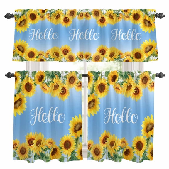 Hello Kitchen Curtains Valances and Tiers 3pcs Summer Watercolor Sunflower Farmhouse Gradient Blue Tier Curtains and Valance Rod Pocket Valance Curtains Set for Kitchen Bathroom 27.5"x24"