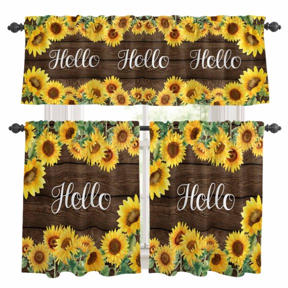 Hello Kitchen Curtains Valances and Tiers 3pcs Summer Watercolor Sunflower Farmhouse Retro Brown Wood Grain Tier Curtains and Valance Rod Pocket Valance Curtains Set for Kitchen Bathroom 27.5"x24"