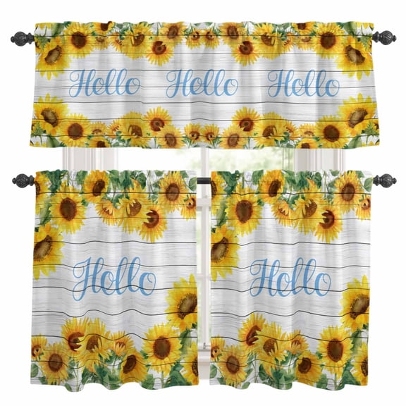 Hello Kitchen Curtains Valances and Tiers 3pcs Summer Watercolor Sunflower Farmhouse Wood Grain Fantasy Tier Curtains and Valance Rod Pocket Valance Curtains Set for Kitchen Bathroom 27.5"x24"