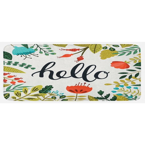 Hello Kitchen Mat, Brush Lettering Designed Calligraphy Print of Hello on Colorful Floral Background, Plush Decorative Kitchen Mat with Non Slip Backing, 47" X 19", Multicolor, by Ambesonne