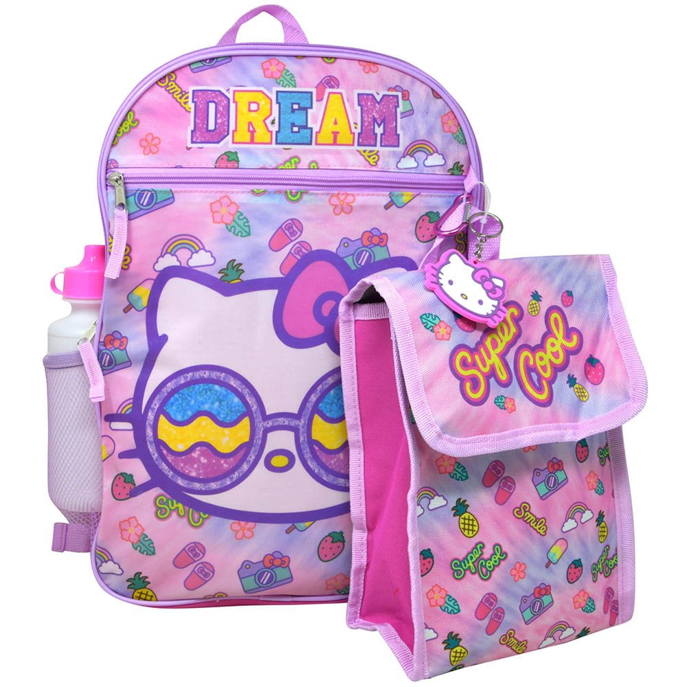 Hello Kitty 16" Backpack 5pc Set- KEYCHAIN, WATER BOTTLE, LUNCH BAG