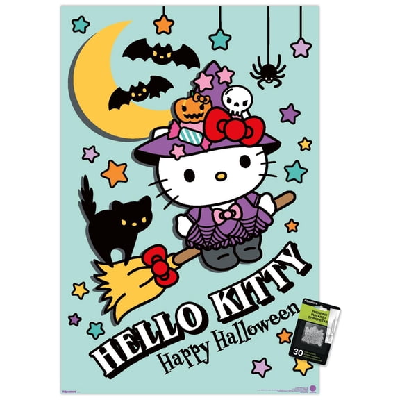 Hello Kitty: 2024 Witch Night - Witchy Broom Fun Wall Poster with Push Pins, 22.375" x 34"