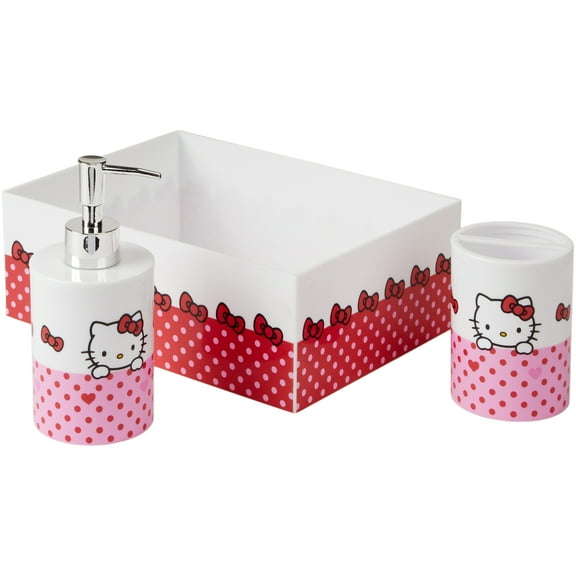 Hello Kitty 3-Piece Bathroom Accessory Set, Toothbrush Holder, Soap Pump, Storage Bin