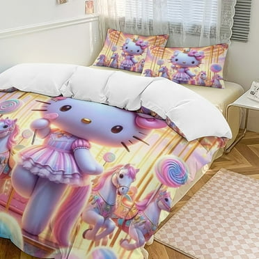Hello_Kitty 3 Piece Bedding Set Cartoon Comforter Set Cute Duvet Cover Sets Super Soft Aldult Bedding Set Kids Bedroom Gifts,1 Duvet Cover with 2 Pillowcases 90"x90"