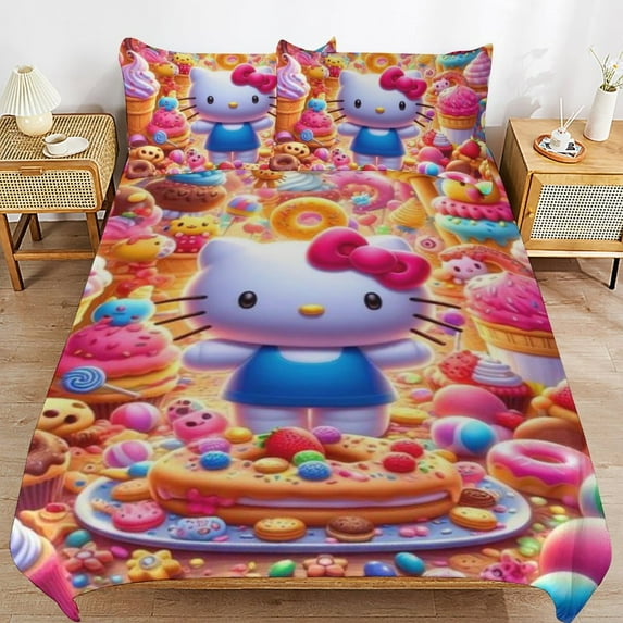 Hello Kitty 3-Piece Comforter Set for Bedroom, Hello Kitty Bedding Set for Kids Adults, Soft Microfiber Duvet Cover Set with Zipper Closure, 1 Duvet Cover + 2 Pillow Covers