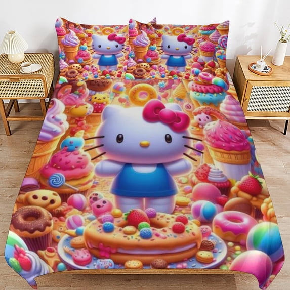 Hello Kitty 3-Piece Comforter Set for Bedroom, Hello Kitty Bedding Set for Kids Adults, Soft Microfiber Duvet Cover Set with Zipper Closure, 1 Duvet Cover + 2 Pillow Covers