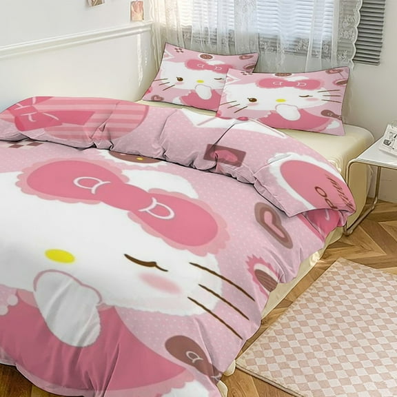 Hello Kitty 3-Piece Reversible Full Bed Set - Includes 1 Duvet Cover + 2 Pillow Shams Bedding - Fade Resistant Microfiber