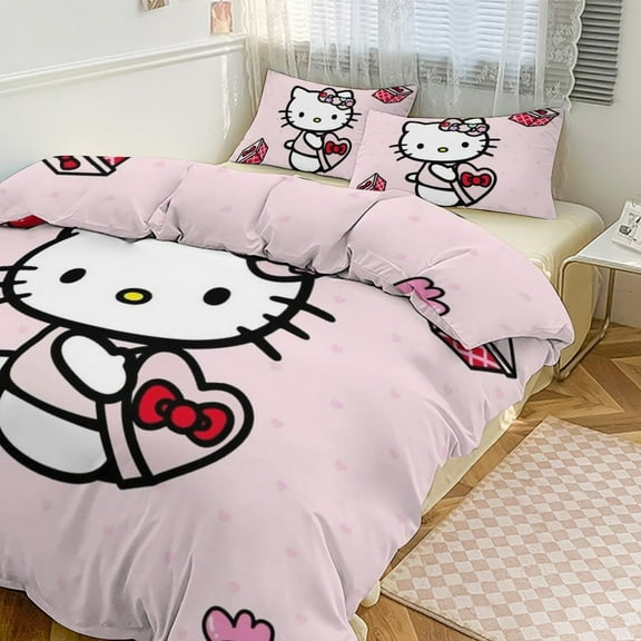 Hello Kitty 3-piece Bed Set, 1Cover and 2 Pillowcases Sizes: Twin, Full, Queen, King