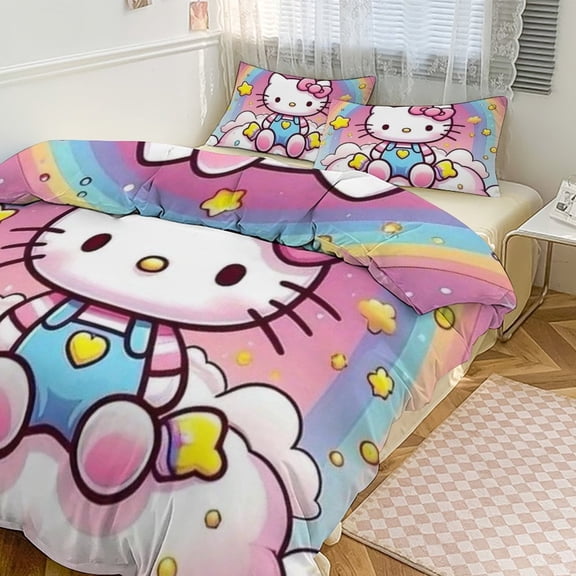 Hello Kitty 3-piece Bed Set, 1Cover and 2 Pillowcases Sizes: Twin, Full, Queen, King
